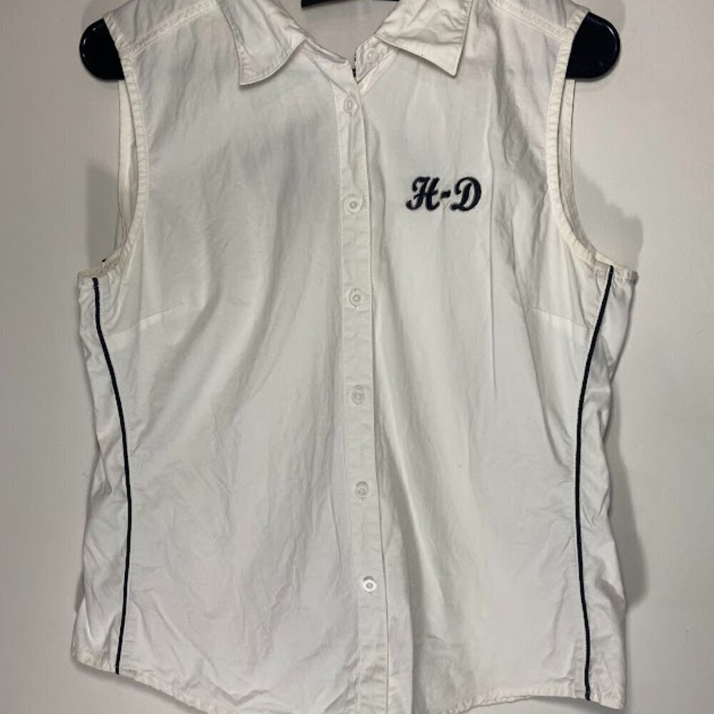 Harley Davidson White Sleeveless Collared Button Up Top